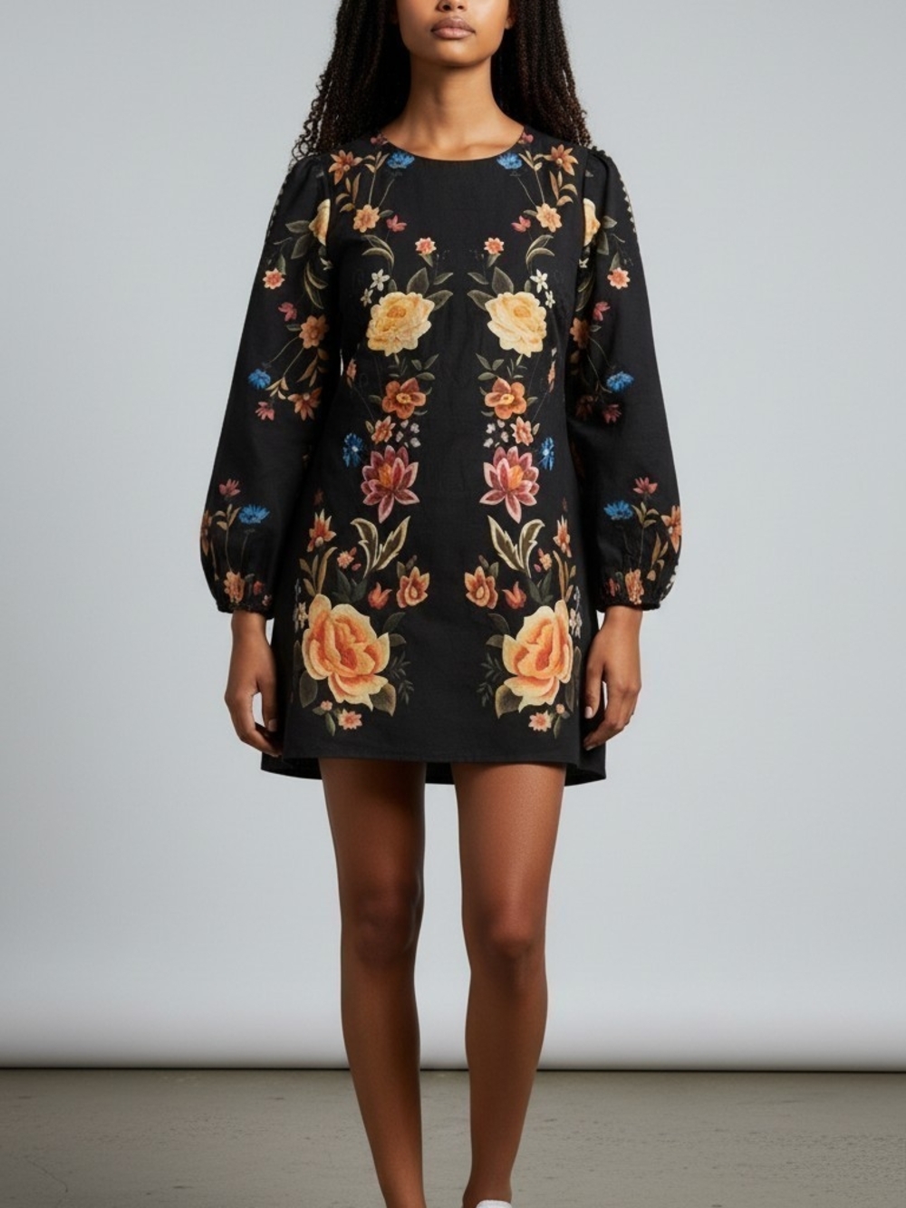 Black Floral Long-Sleeve Mini Dress
